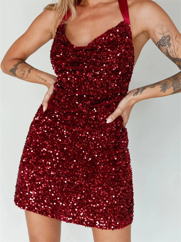 Glitter Halter Party Sequined Tie-Up Mini Dresses