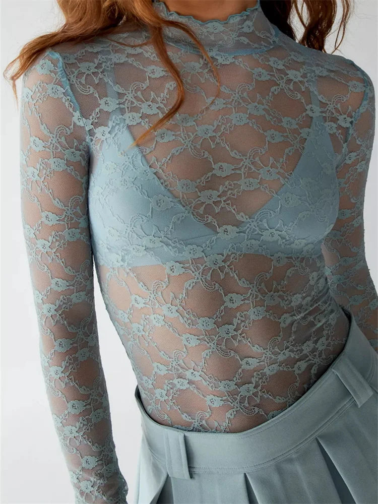 Women Lace Turtleneck Mesh See Through Fall Club Streetwear T-shirts