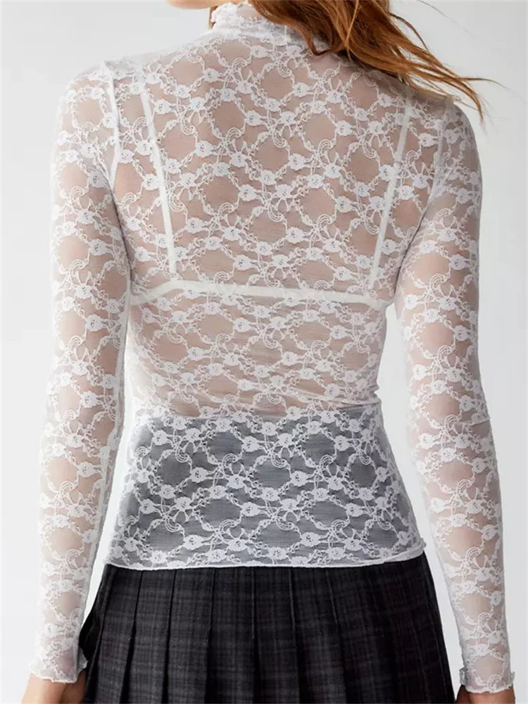 Women Lace Turtleneck Mesh See Through Fall Club Streetwear T-shirts