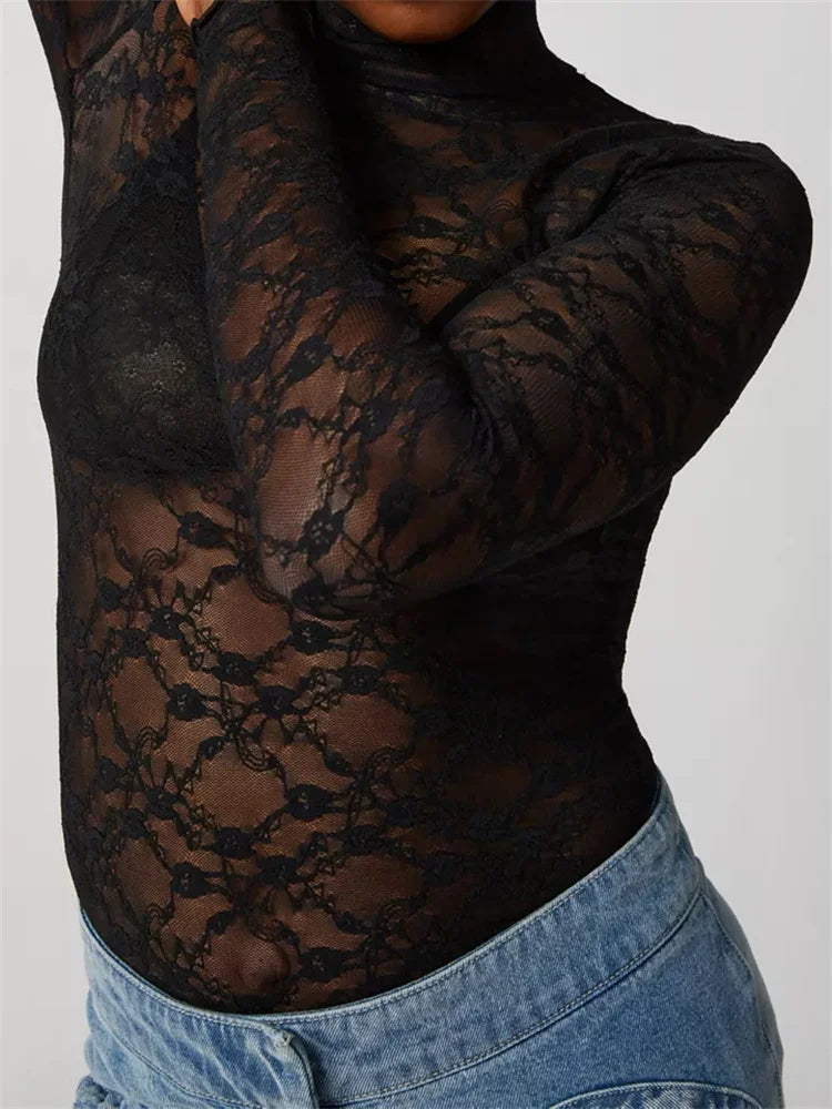 Women Lace Turtleneck Mesh See Through Fall Club Streetwear T-shirts