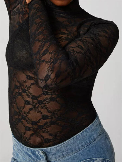 Women Lace Turtleneck Mesh See Through Fall Club Streetwear T-shirts