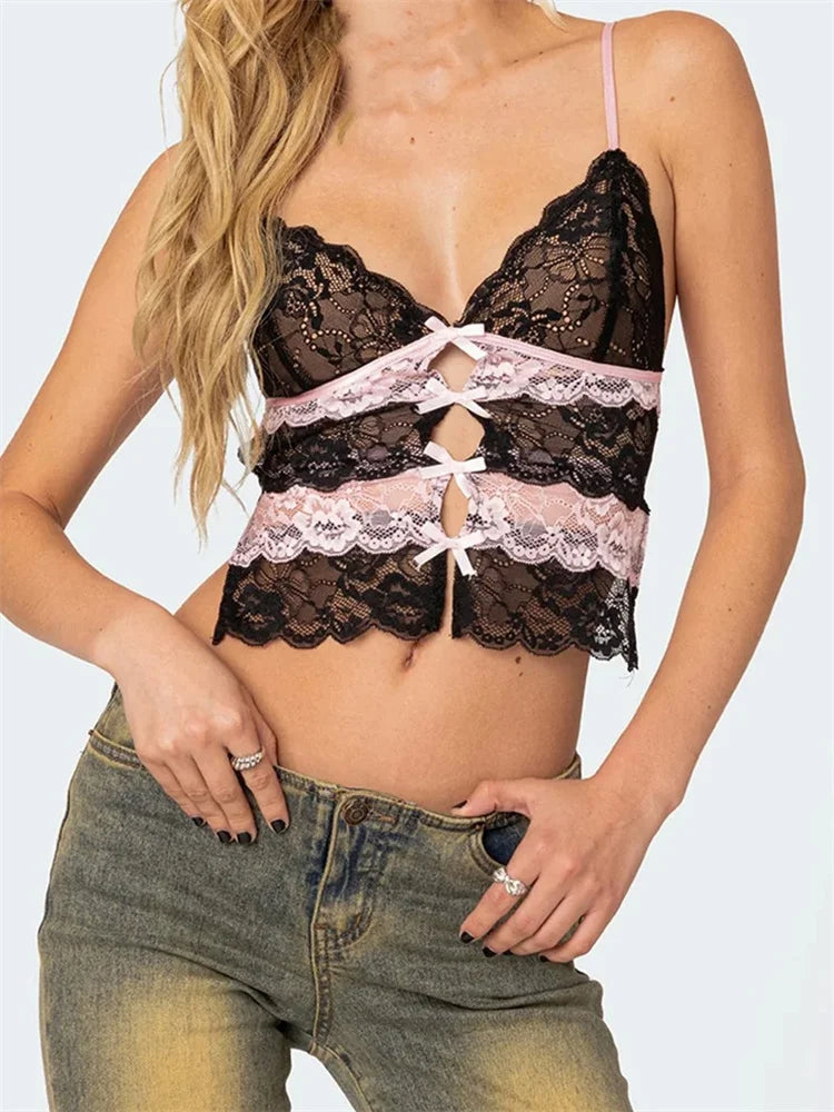 Women Lace Slim Front Bowknot Patchwork Cutout Spaghetti Strap Mini Vest Exposed Navel Cropped Tanks Crop Top