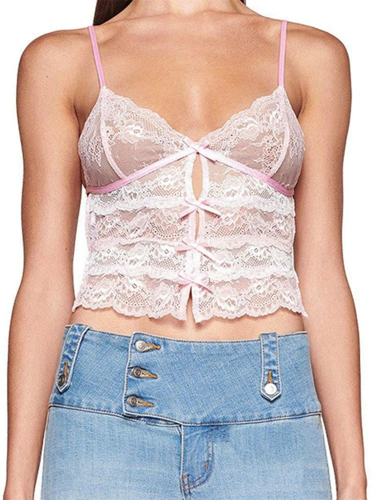 Women Lace Slim Front Bowknot Patchwork Cutout Spaghetti Strap Mini Vest Exposed Navel Cropped Tanks Crop Top