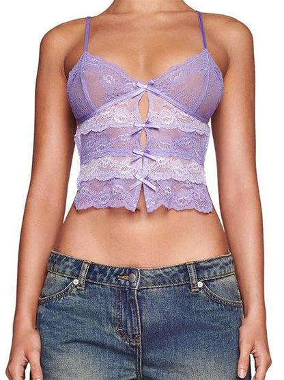Women Lace Slim Front Bowknot Patchwork Cutout Spaghetti Strap Mini Vest Exposed Navel Cropped Tanks Crop Top