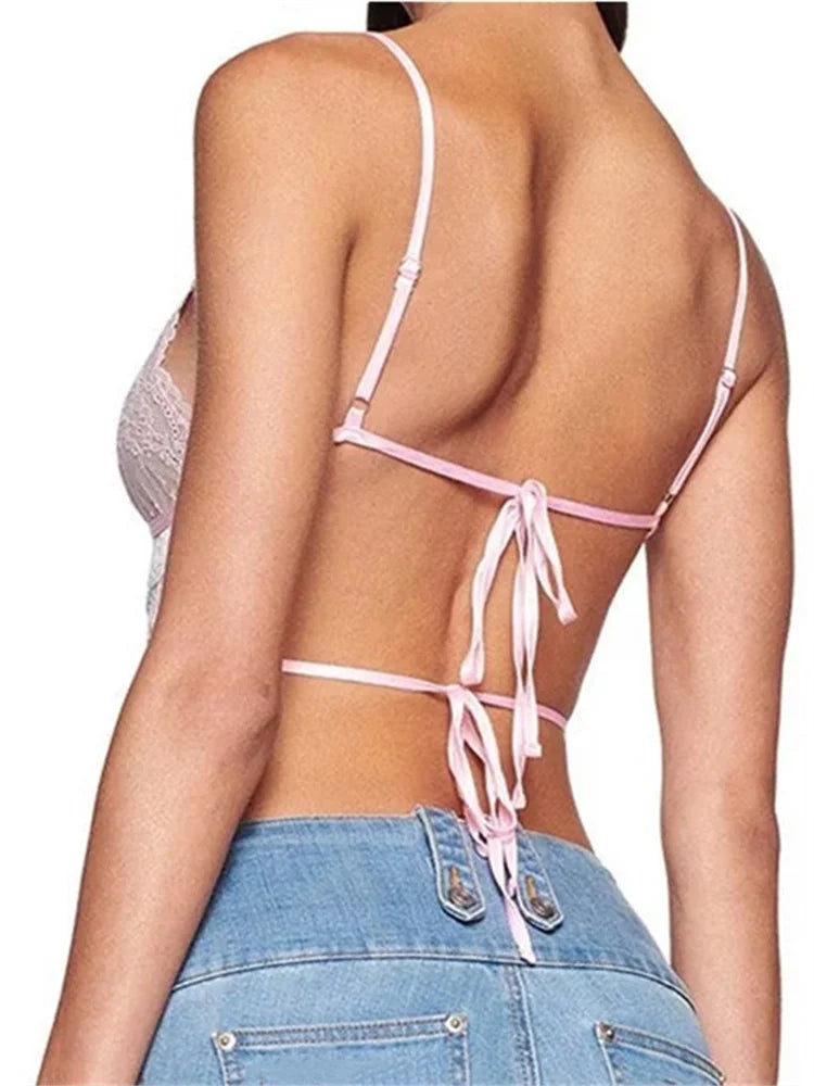 Women Lace Slim Front Bowknot Patchwork Cutout Spaghetti Strap Mini Vest Exposed Navel Cropped Tanks Crop Top