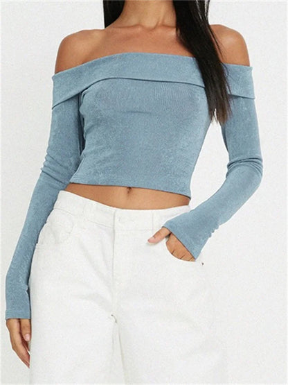 Long Sleeve Slim Fit Casual Exposed Navel Solid Slash Neck Off Shoulder T-shirts