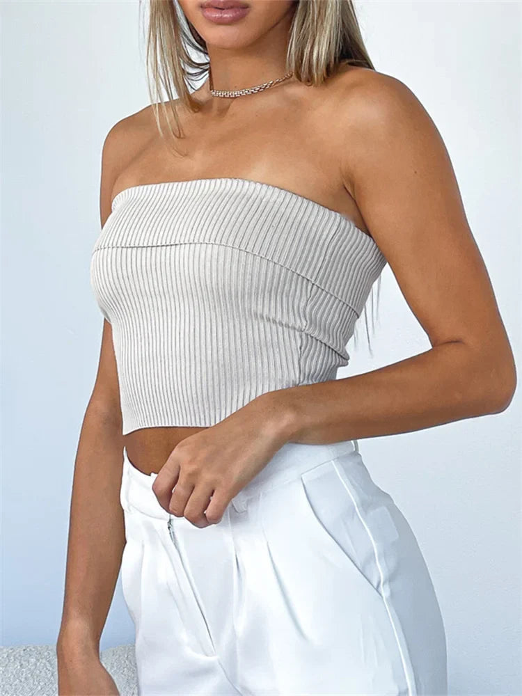 Women Ribbed Bustiers Solid Summer Casual Sleeveless Vest Backless Off Shoulder Corsets Top Streetwear Crop Top