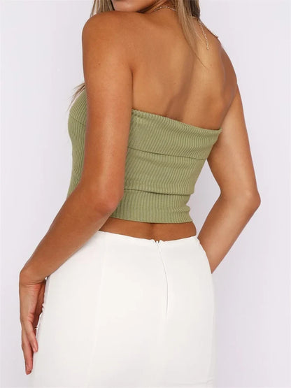 Women Ribbed Bustiers Solid Summer Casual Sleeveless Vest Backless Off Shoulder Corsets Top Streetwear Crop Top