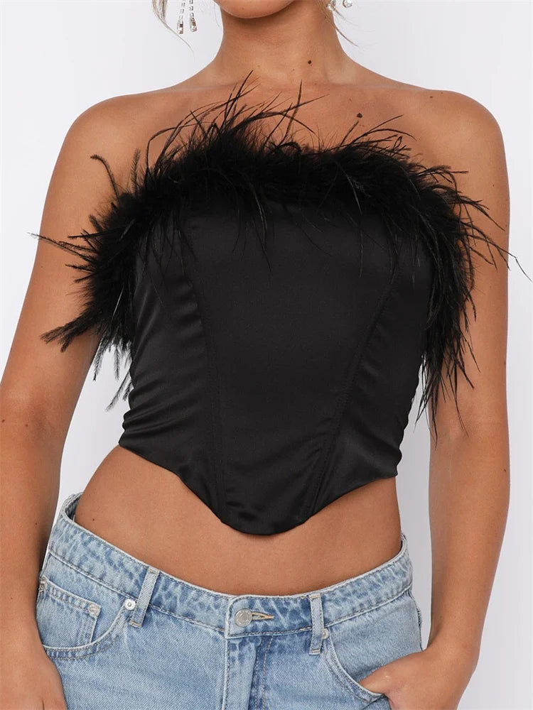 Women Solid Tube Feather Patchwork Strapless Summer Irregular Hem Exposed Navel Mini Vest Streetwear Crop Top