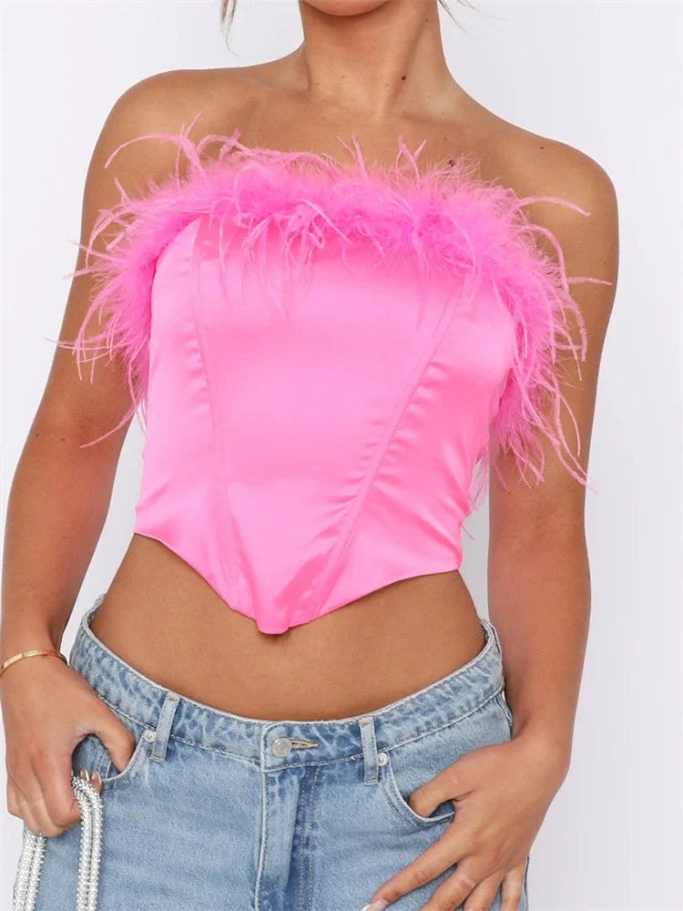 Women Solid Tube Feather Patchwork Strapless Summer Irregular Hem Exposed Navel Mini Vest Streetwear Crop Top