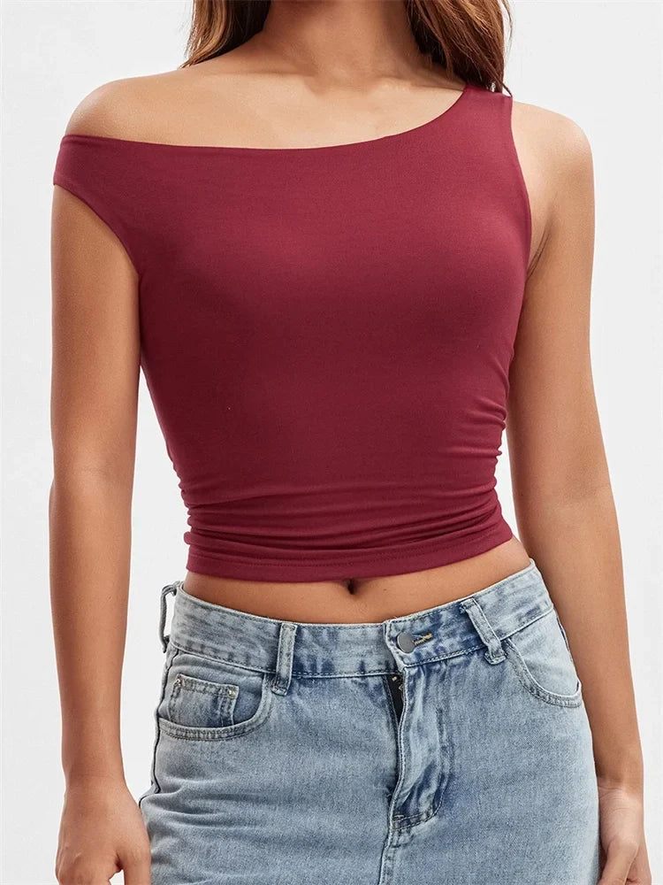 Women Summer Asymmetrical Hem Solid Color Off Shoulder Ruched Slim Cropped Mini Vest Streetwear 2024 Crop Top
