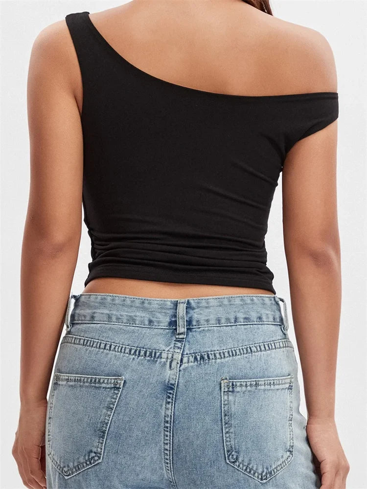 Women Summer Asymmetrical Hem Solid Color Off Shoulder Ruched Slim Cropped Mini Vest Streetwear 2024 Crop Top