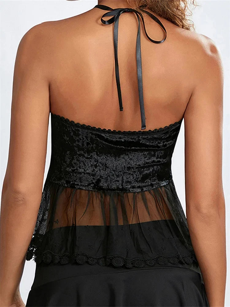 Women Mesh Patchwork Criss-Cross Tie-Up Halter Backless Vest Summer Sleeveless Cropped Clubwear Crop Top