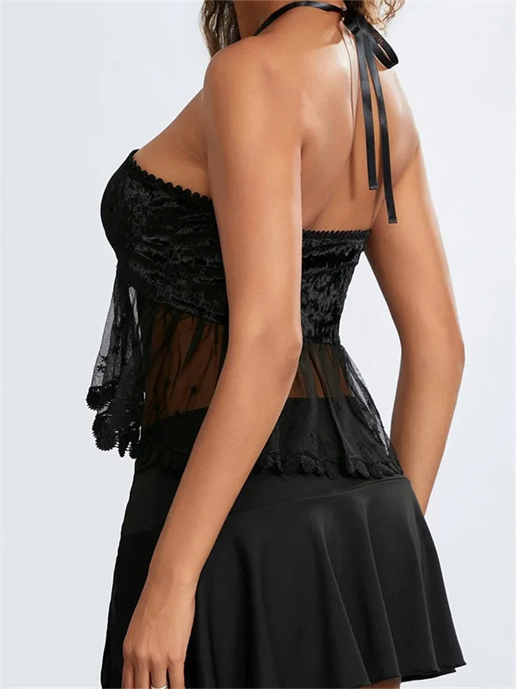 Women Mesh Patchwork Criss-Cross Tie-Up Halter Backless Vest Summer Sleeveless Cropped Clubwear Crop Top
