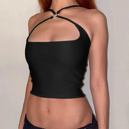 CHRONSTYLE Vest Clubwear Criss-Cross Ring Patchwork Low Cut Elastic Strap Hollow Backless Tight Camis Crop Top