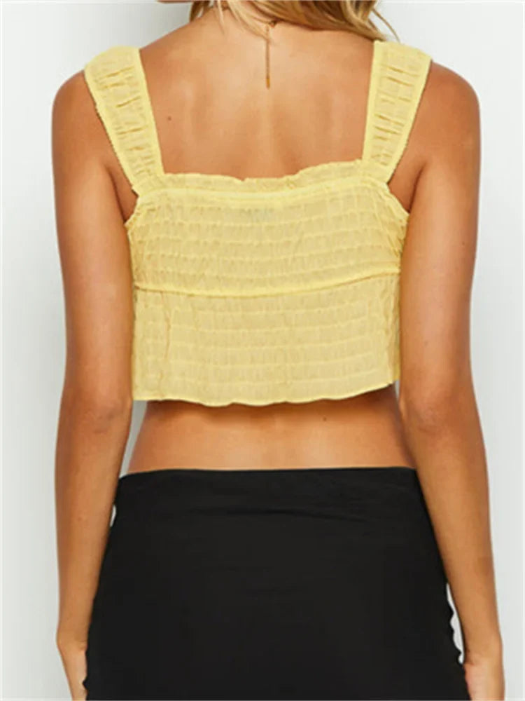Spaghetti Strap Front Split Lace-up Square Neck Ruched Solid Mini Vest Streetwear 2024 Crop Top