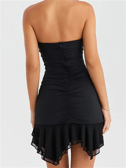 Strapless Ruched Vertical Ruffle Asymmetric Ruffle Hem Mini Dress
