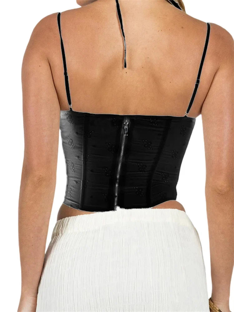 Summer Sleeveless Strap Y2K for Women Lace Patchwork V-neck Cropped Mini Vest Streetwear 2024 Crop Top
