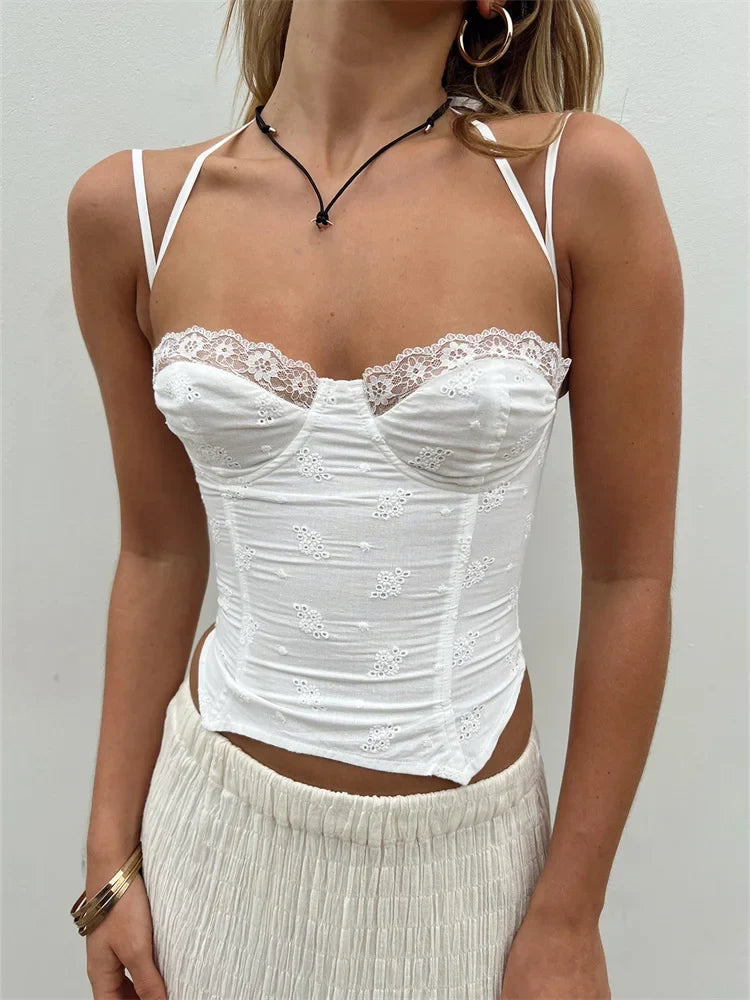 Summer Sleeveless Strap Y2K for Women Lace Patchwork V-neck Cropped Mini Vest Streetwear 2024 Crop Top