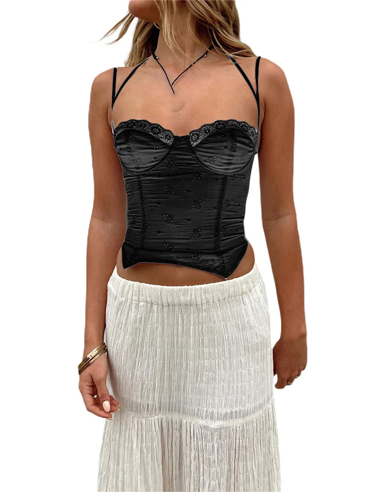 Summer Sleeveless Strap Y2K for Women Lace Patchwork V-neck Cropped Mini Vest Streetwear 2024 Crop Top