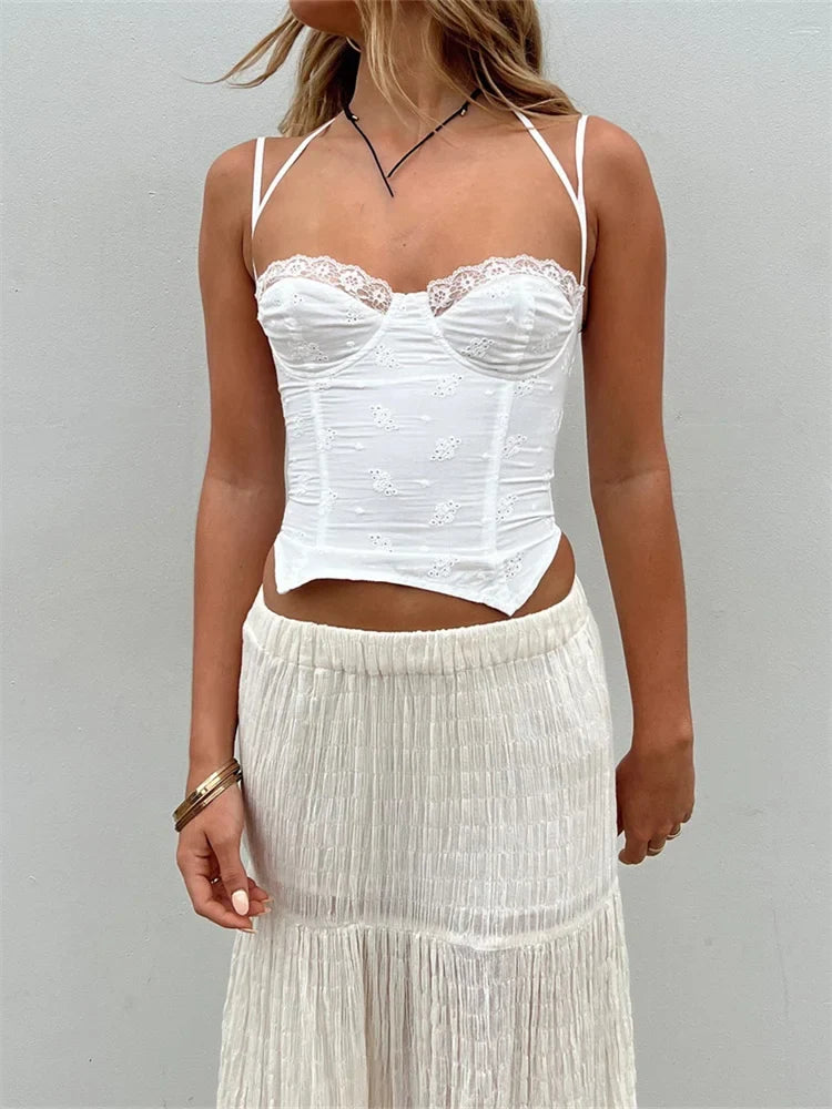 Summer Sleeveless Strap Y2K for Women Lace Patchwork V-neck Cropped Mini Vest Streetwear 2024 Crop Top