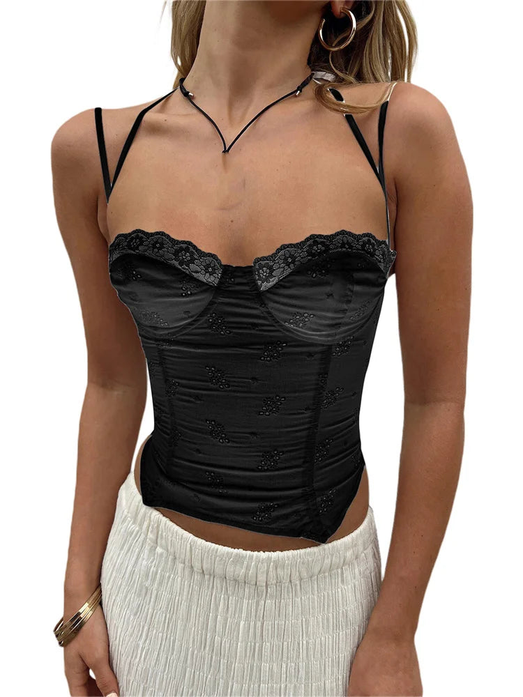 Summer Sleeveless Strap Y2K for Women Lace Patchwork V-neck Cropped Mini Vest Streetwear 2024 Crop Top