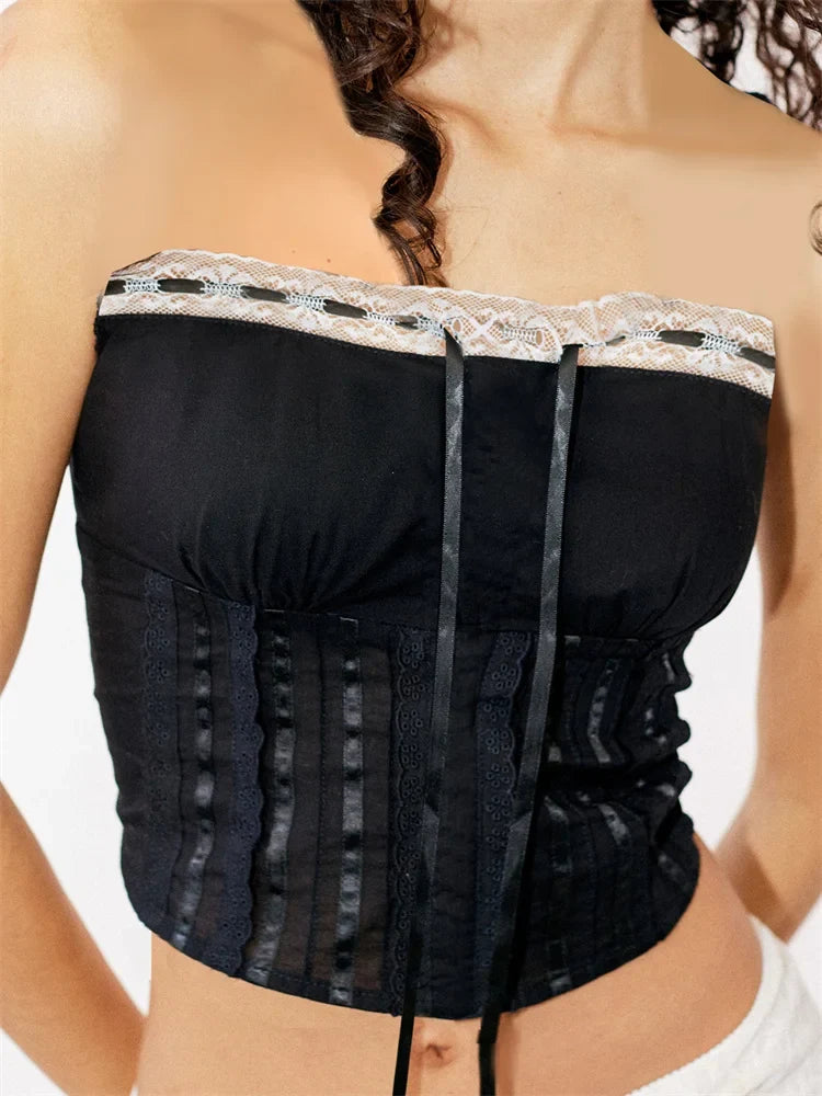Tube for Women Strapless Off Shoulder Y2K Fairy Grunge Sleeveless Summer Lace-up Mini Vest Streetwear Crop Top