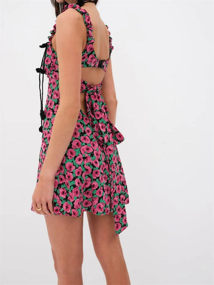 Floral Print Bustier Cut Out Ruffle Strap A-Line Mini Dress