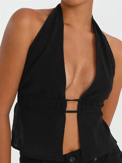 Front Split Low Cut Halter Sleeveless Backless Off Shoulder Lace-up Mini Vest Streetwear Crop Top