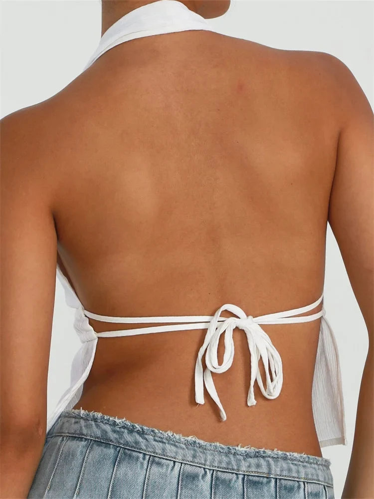 Front Split Low Cut Halter Sleeveless Backless Off Shoulder Lace-up Mini Vest Streetwear Crop Top