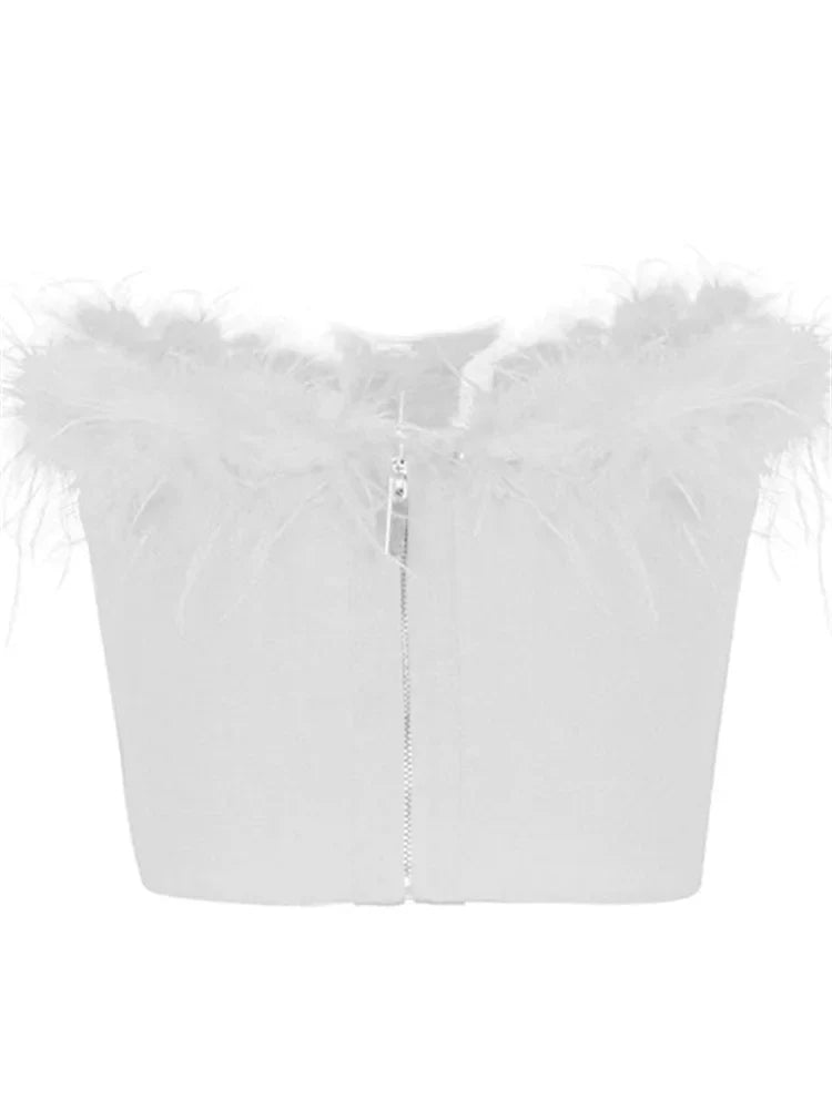 Women Fur Feather Patchwork Tube 2024 New Summer Strapless Off Shoulder Backless Back Zip Up Slim Vest Crop Top