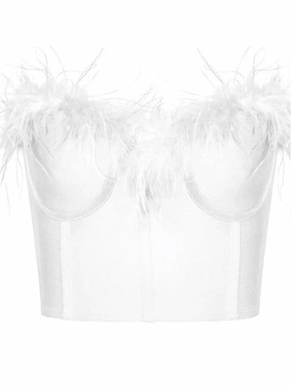 Women Fur Feather Patchwork Tube 2024 New Summer Strapless Off Shoulder Backless Back Zip Up Slim Vest Crop Top