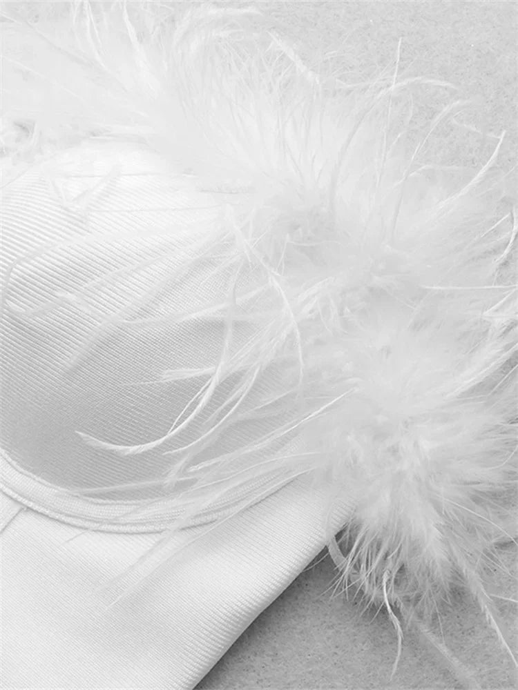 Women Fur Feather Patchwork Tube 2024 New Summer Strapless Off Shoulder Backless Back Zip Up Slim Vest Crop Top