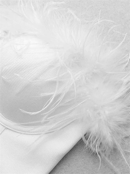 Women Fur Feather Patchwork Tube 2024 New Summer Strapless Off Shoulder Backless Back Zip Up Slim Vest Crop Top