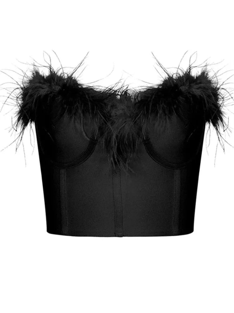 Women Fur Feather Patchwork Tube 2024 New Summer Strapless Off Shoulder Backless Back Zip Up Slim Vest Crop Top