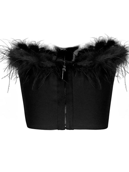 Women Fur Feather Patchwork Tube 2024 New Summer Strapless Off Shoulder Backless Back Zip Up Slim Vest Crop Top