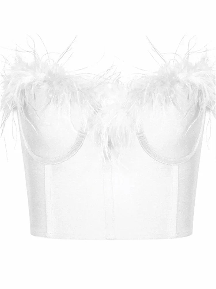Women Fur Feather Patchwork Tube 2024 New Summer Strapless Off Shoulder Backless Back Zip Up Slim Vest Crop Top