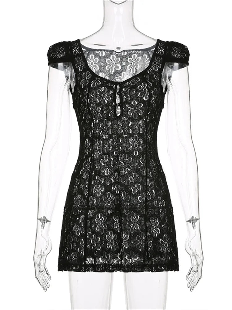 Floral Lace Sweetheart Neck Keyhole Button Cap Sleeve Bodycon Mini Dress