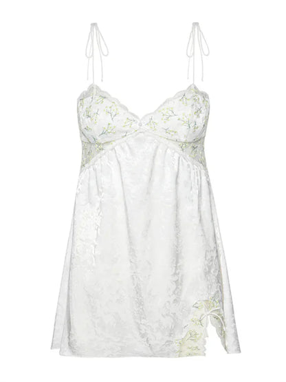 Floral Jacquard Tie Shoulder Sweetheart Neck Lace Trim Side Slit Mini Slip Dress