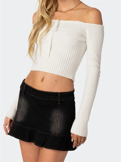 Off-Shoulder Crop Knitwear Solid Color Long Sleeve Tie-up Slim Fit T-shirts