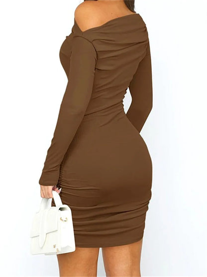 Off Shoulder Ruched Long Sleeve Bodycon Mini Dress