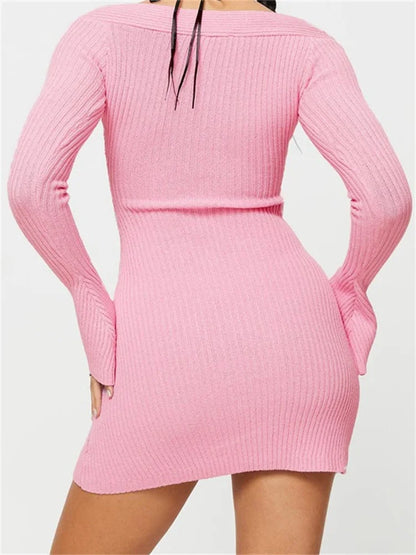Ribbed Knit Off Shoulder Long Sleeve Bodycon Mini Dress