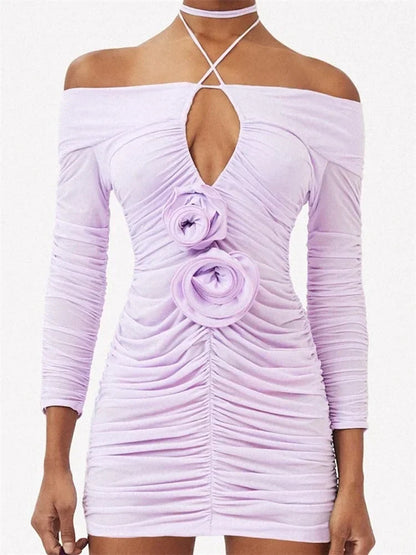 Off Shoulder Halter Keyhole Rosette Applique Ruched Long Sleeve Bodycon Mini Dress