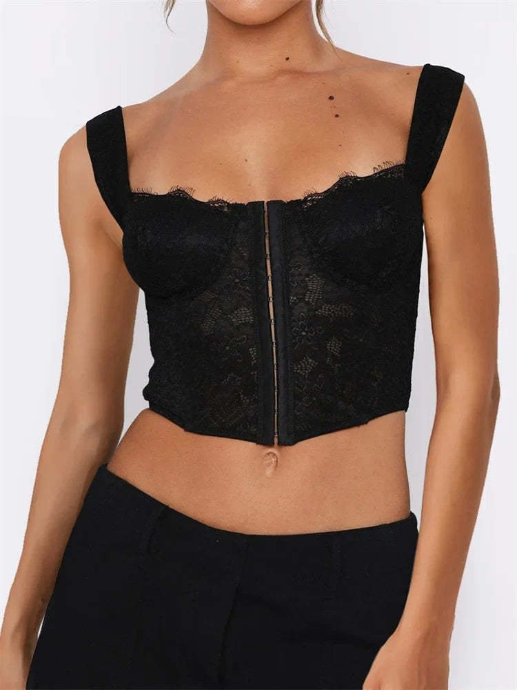 See Through Mesh Sheer Camisoles Lace Slim Fit Low Cut Square Neck Buttons Vest Streetwear Crop Top