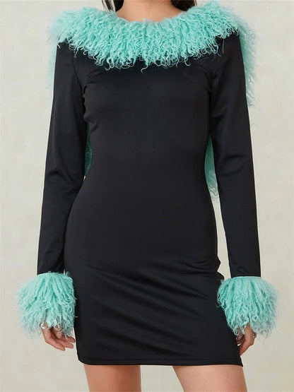 Faux Fur Collar and Cuff Long Sleeve Bodycon Mini Dress