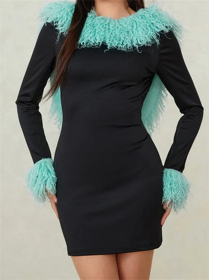 Faux Fur Collar and Cuff Long Sleeve Bodycon Mini Dress