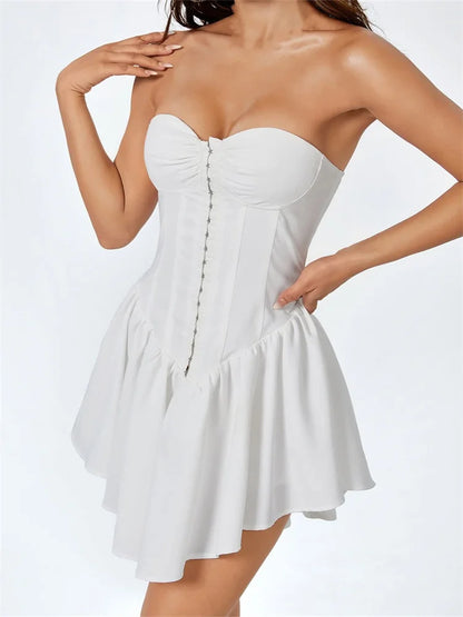 Puff Sleeve Square Neck Button Front Mini Dress