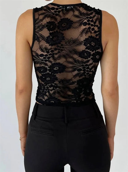 Summer Sleeveless Square Neck Low Cut Mesh See-Through Lace Casual Slim Mini Vest 2024 Crop Top