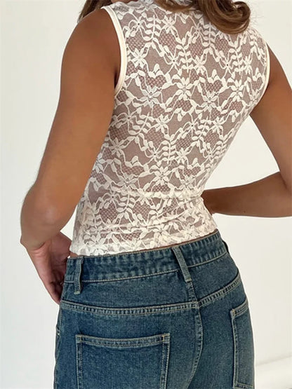 Summer Sleeveless Square Neck Low Cut Mesh See-Through Lace Casual Slim Mini Vest 2024 Crop Top