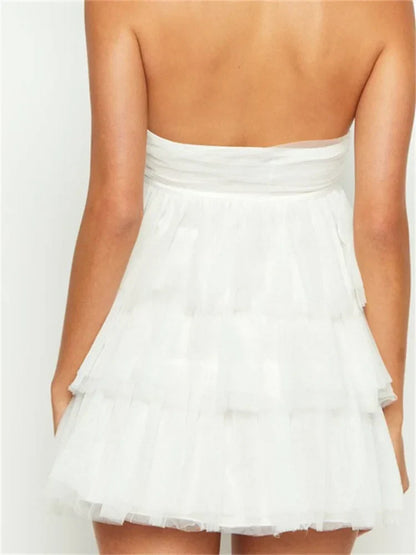 Strapless Ruched Tube Tiered Tulle Ruffle Babydoll Mini Dress